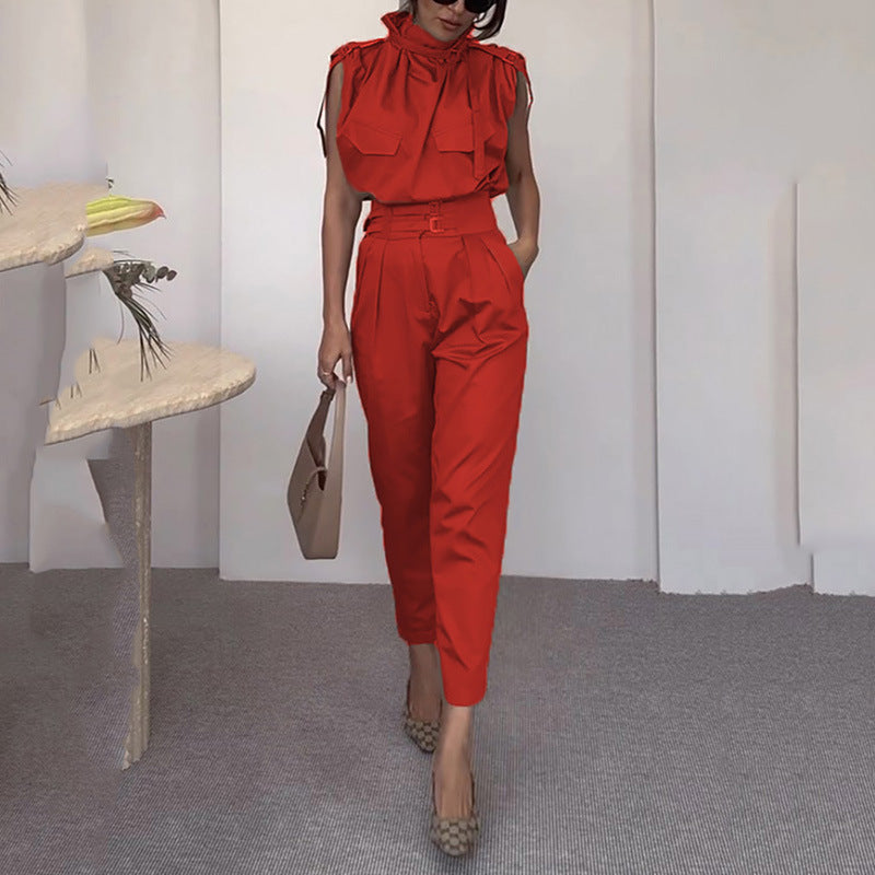 Shoulder and Waist Slimming Blouse with Belt and Pants Set