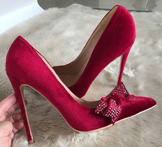 Bow tie diamond party slim heel shoes