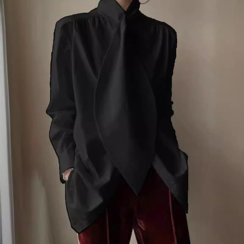 Haut chemise ample à revers et manches longues pour femmes, disponible en blanc, noir et bleu