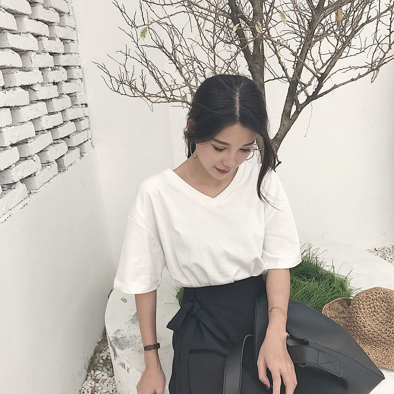 White V-Neck Short Sleeve T-Shirt Top