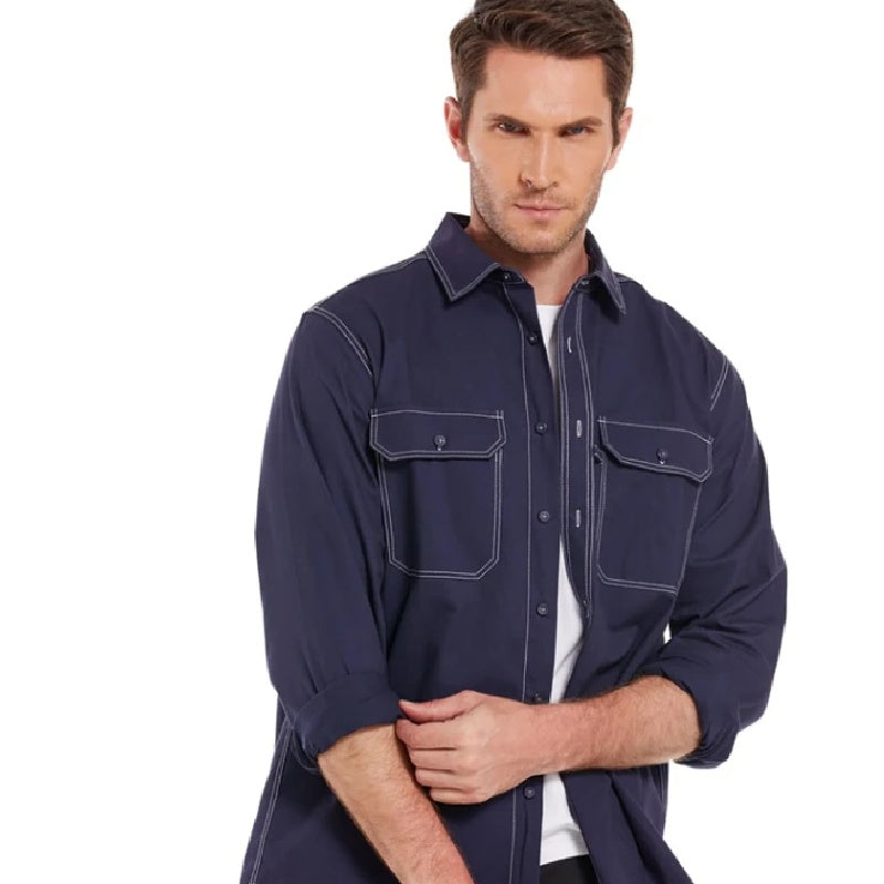 Chemise décontractée en lin à manches longues et col carré pour homme
