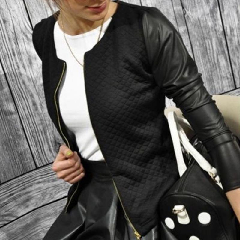Women’s PU Leather Patchwork Plaid Slim Short Jacket Blazer Coat for Spring Autumn