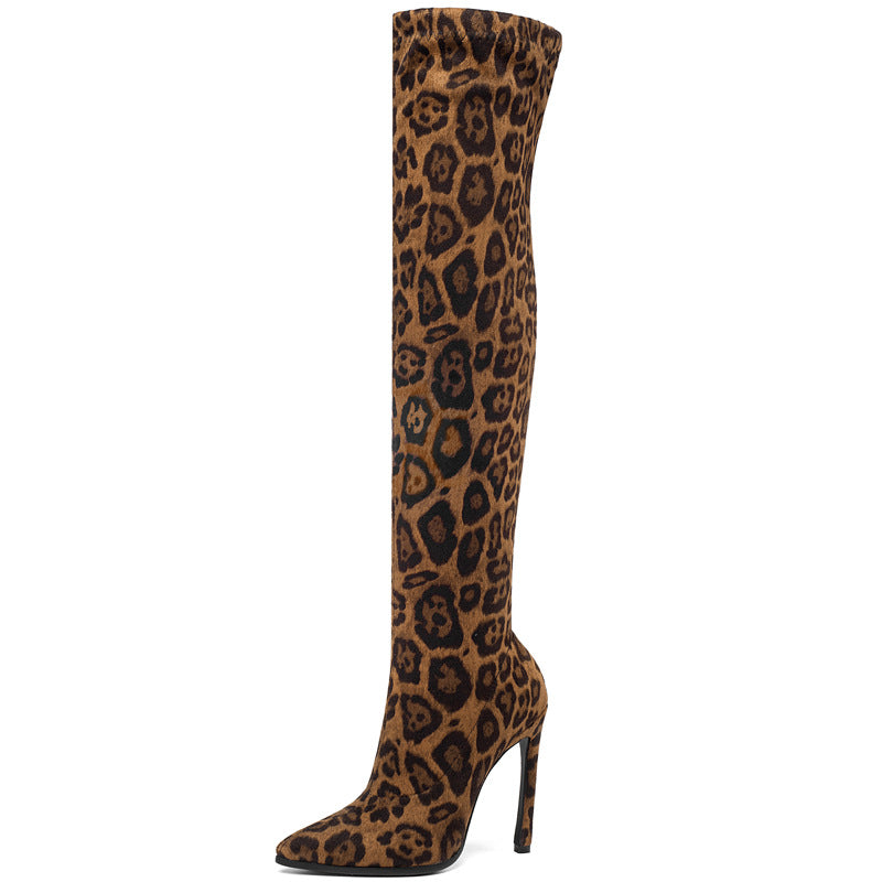 Bottes cuissardes en velours élastique à talons aiguilles
