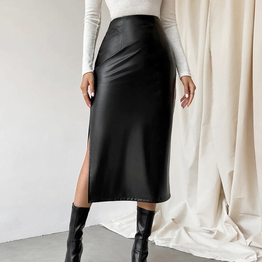 Commuter French Sheath PU Leather Skirt Autumn And Winter