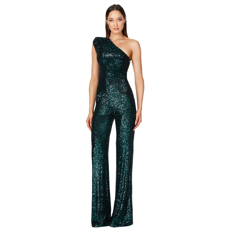 Sleeveless One-shoulder Fashion High Waist Design Sequined Jumpsuit
