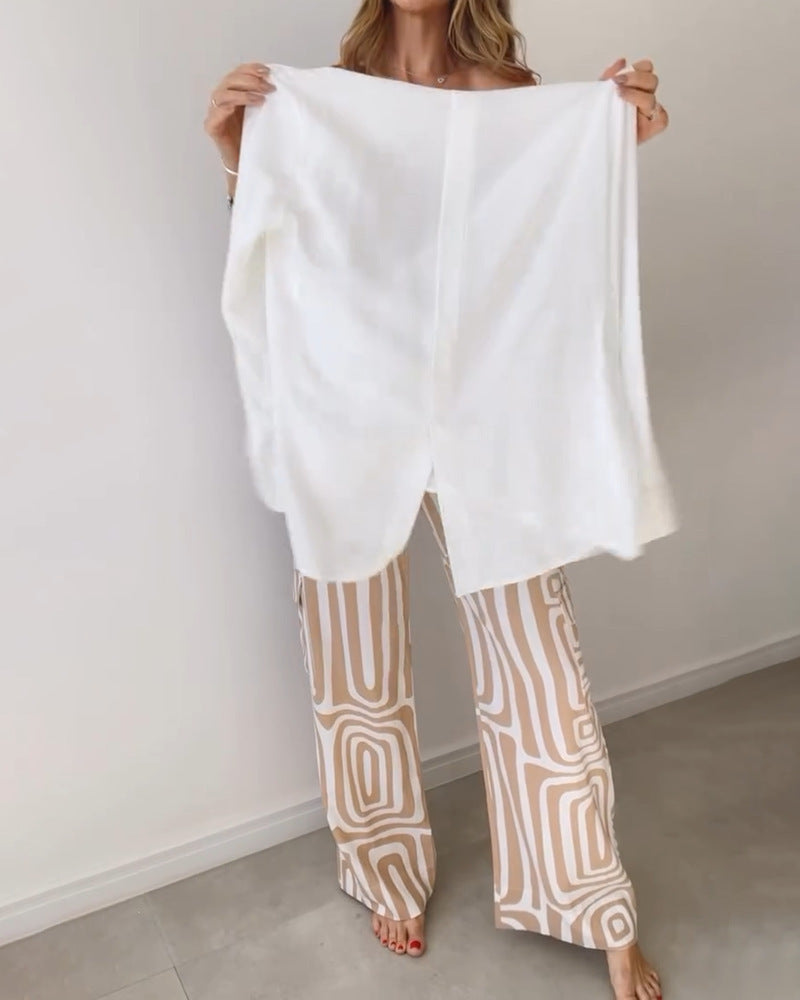 Ensemble chemise décontractée à manches longues et revers pour femme et pantalon ample imprimé
