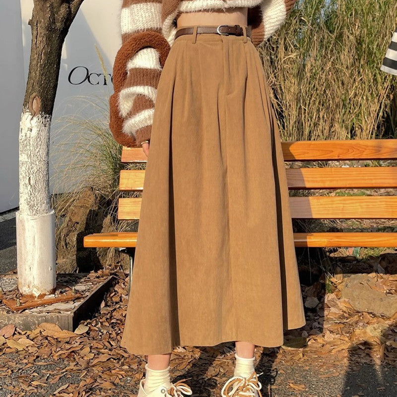Women's Autumn Winter High Waist Slimming Retro A-Line Skirt with Big Hem