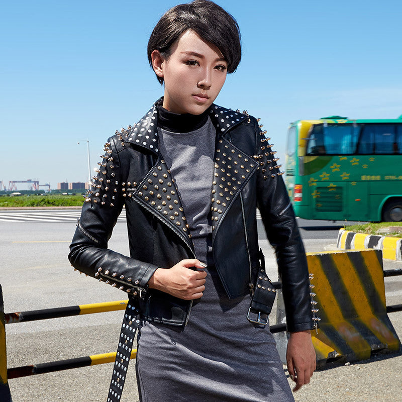 Women's Punk PU Leather Motorcycle Jacket with Rivets and Stand Collar