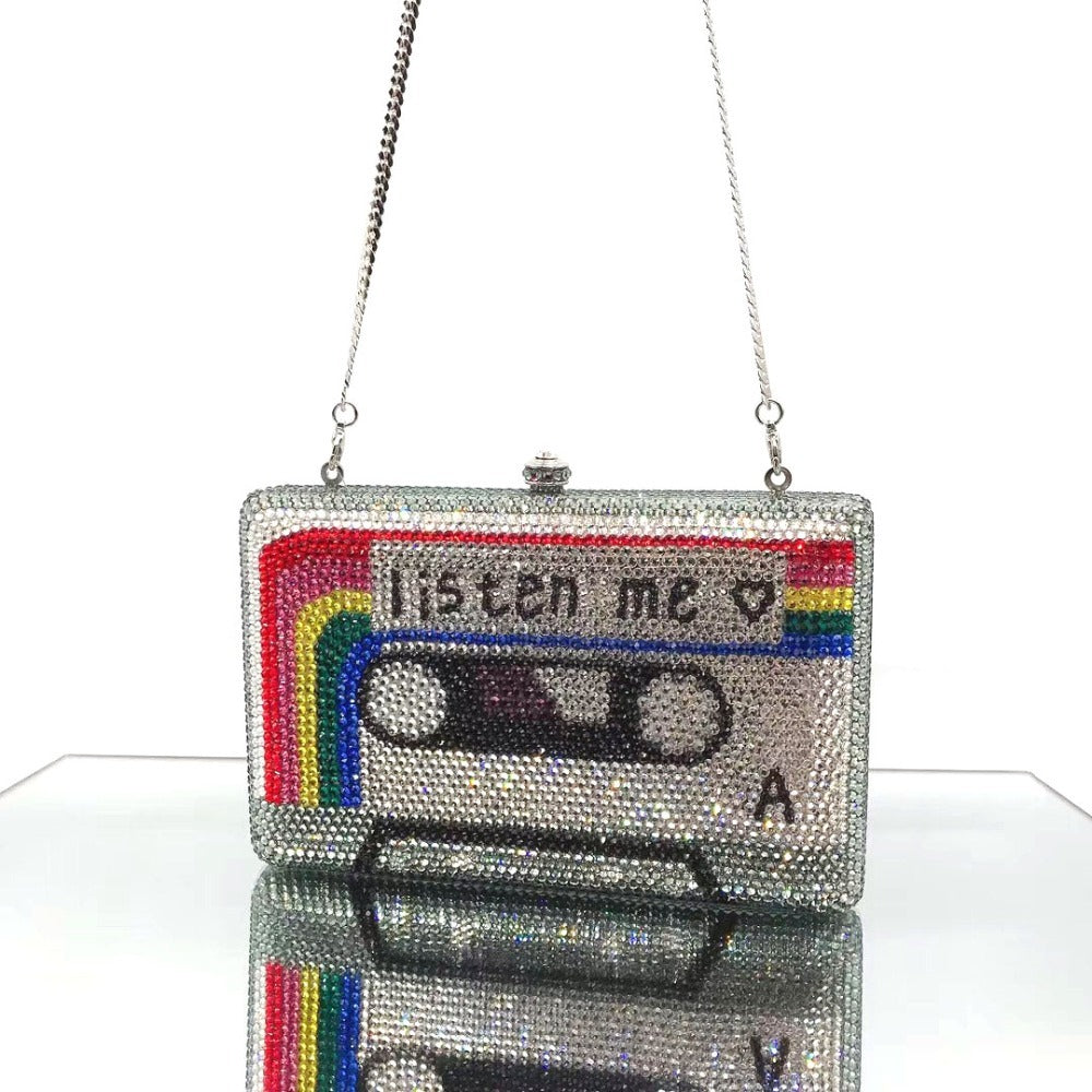 Cassette Tape Crystal Evening Clutch Bag with Chain 16.5cm