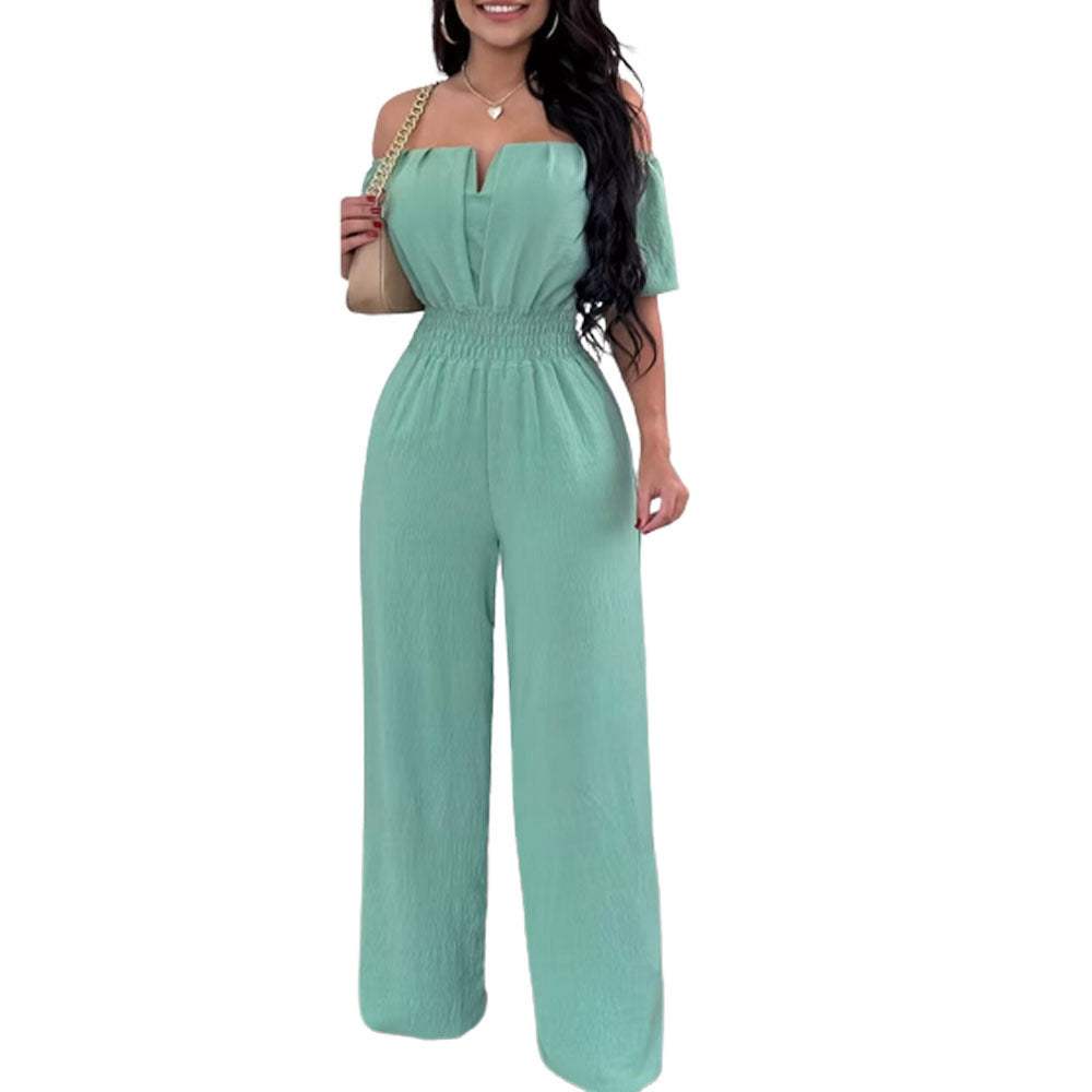 Women's Off-Neck Waist-Trimmed Loose Straight Jumpsuit