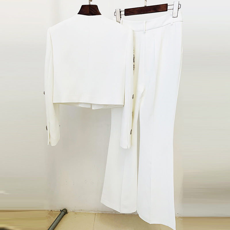 Fashionable Bell-Bottom Pants Suit with Diamond Set Polyester Coat