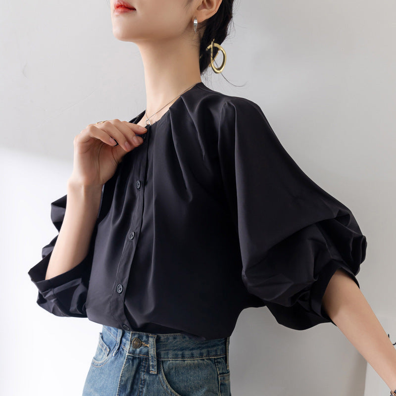 French Style Retro Lantern Sleeve White Shirt