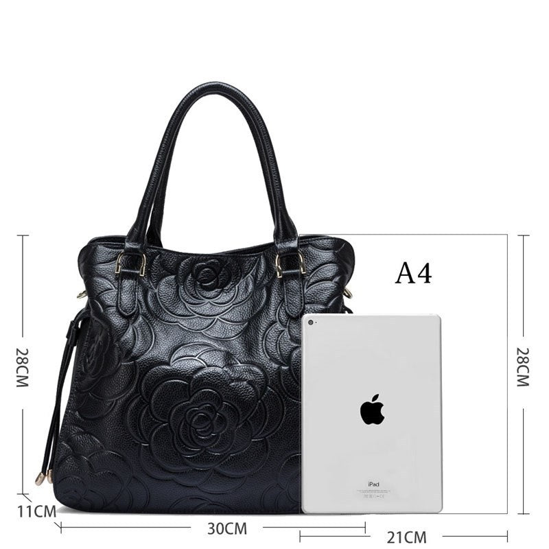 ZENCY Rose Pattern Leather Handbag – Cowhide, Multiple Colors, 30x28x11cm