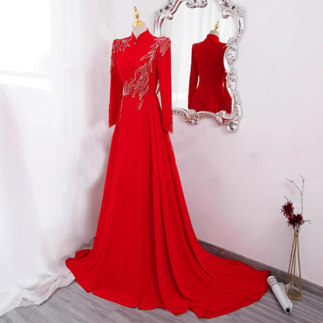 Robe de soirée longue rouge à manches longues pour femmes