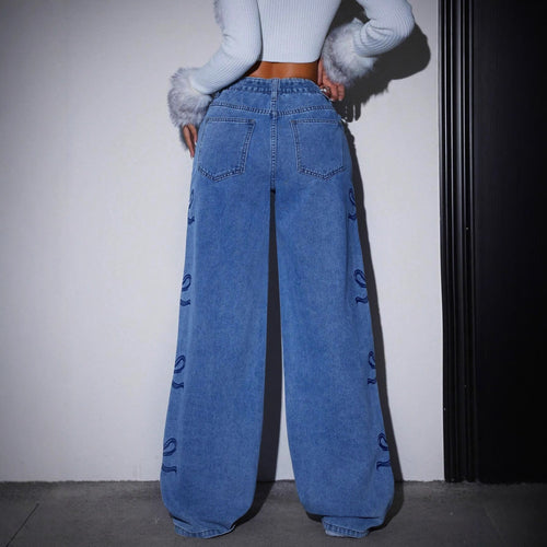 Jean en denim imprimé taille haute à jambe droite et large