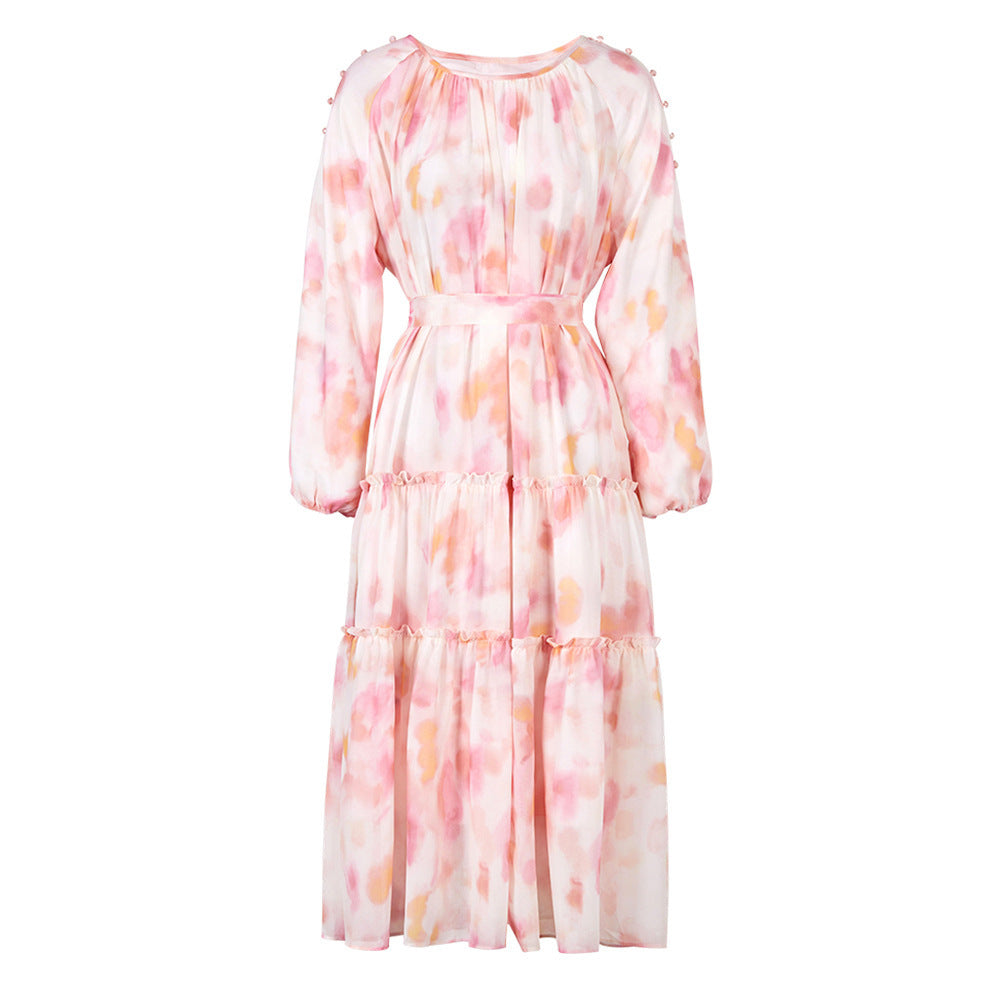 Robe de vacances rose à imprimé abstrait avec jupe ample pour femme