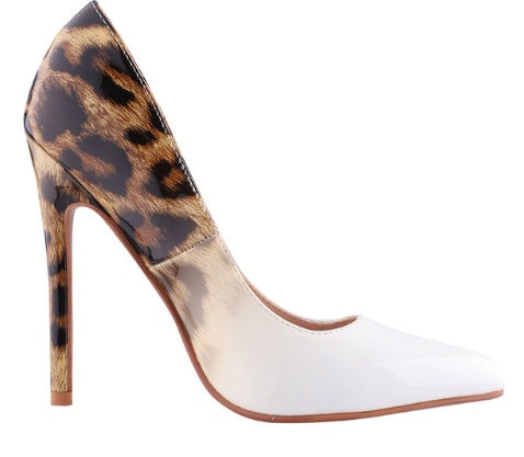 Leopard Color Matching Pointed Toe Shallow Mouth High Heels 12CM PU