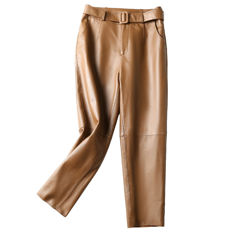 High-Waisted Genuine Sheepskin Leather Straight Pants with Belt