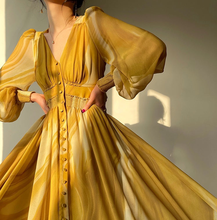 V-Neck Long Sleeve A-Line Chiffon Skirt with Waistband