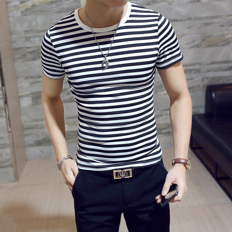 Men's Striped Milk Silk T-Shirt with Size Guide