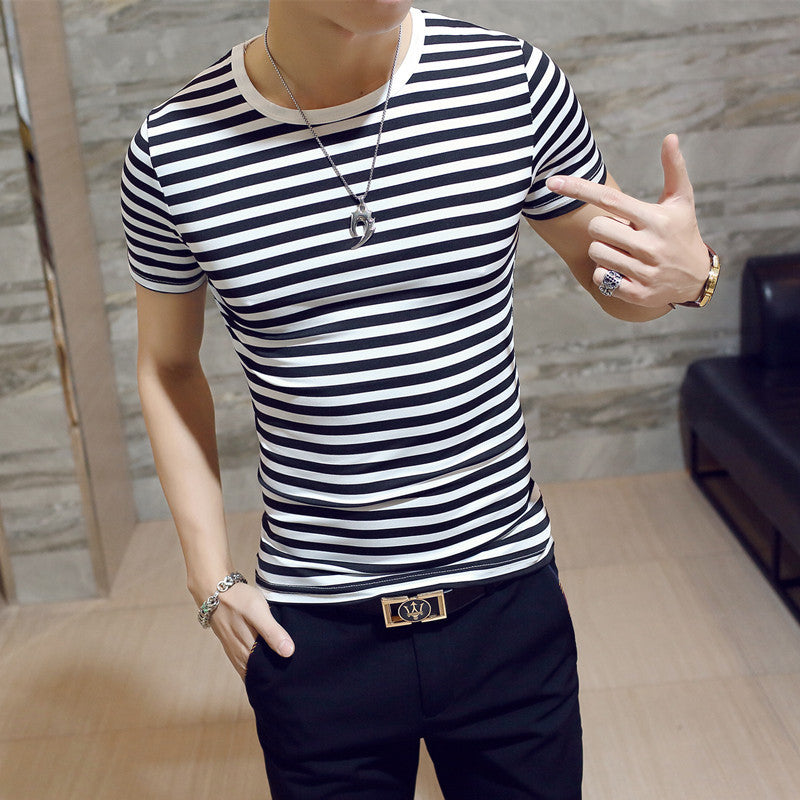 Men's Striped Milk Silk T-Shirt with Size Guide