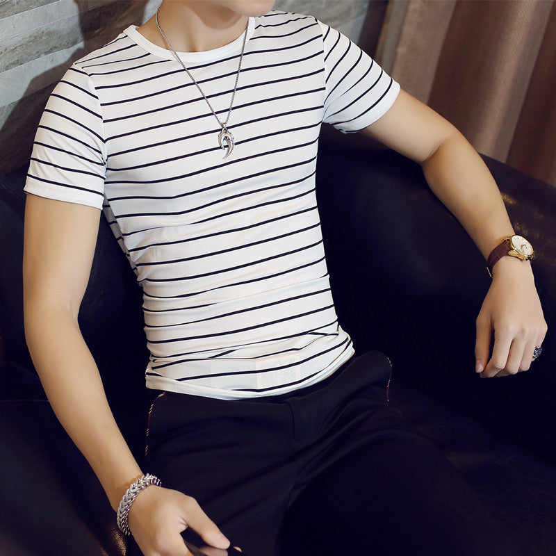 Men's Striped Milk Silk T-Shirt with Size Guide