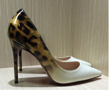 Leopard Color Matching Pointed Toe Shallow Mouth High Heels 12CM PU