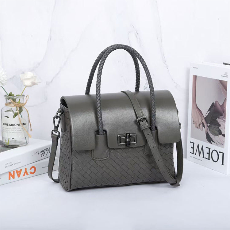 Women's Large Genuine Leather Woven One-Shoulder Messenger Bag