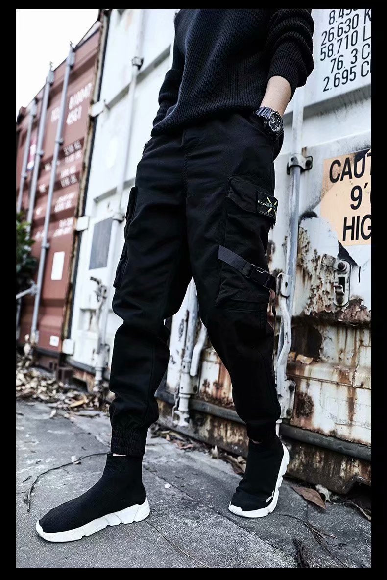 Men's Black Loose Polyester Overalls Pants Casual Trousers