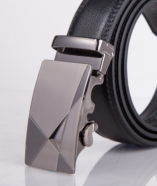 Men's Leather Automatic Buckle Belt 3.55CM Wide with Gold Buckle Head