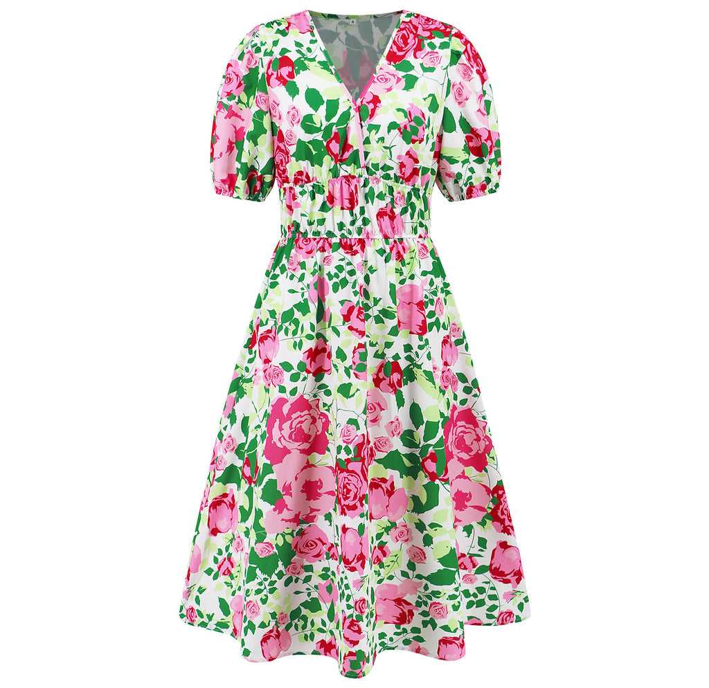 Robe d'été femme col en V imprimé floral bohème avec manches bouffantes