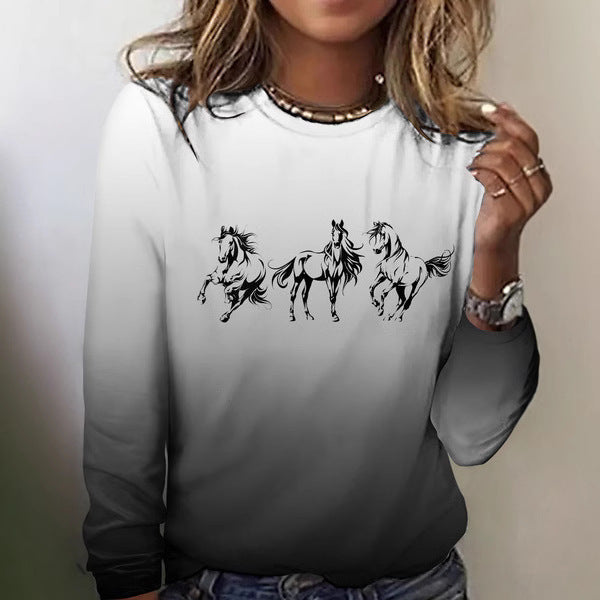 Women's Fashion 3D Digital Printed Round Neck Long-sleeved T-shirt