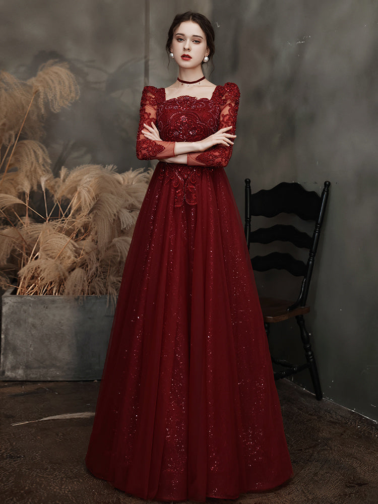 Robe de soirée sirène bordeaux à col carré et bretelles pour femme