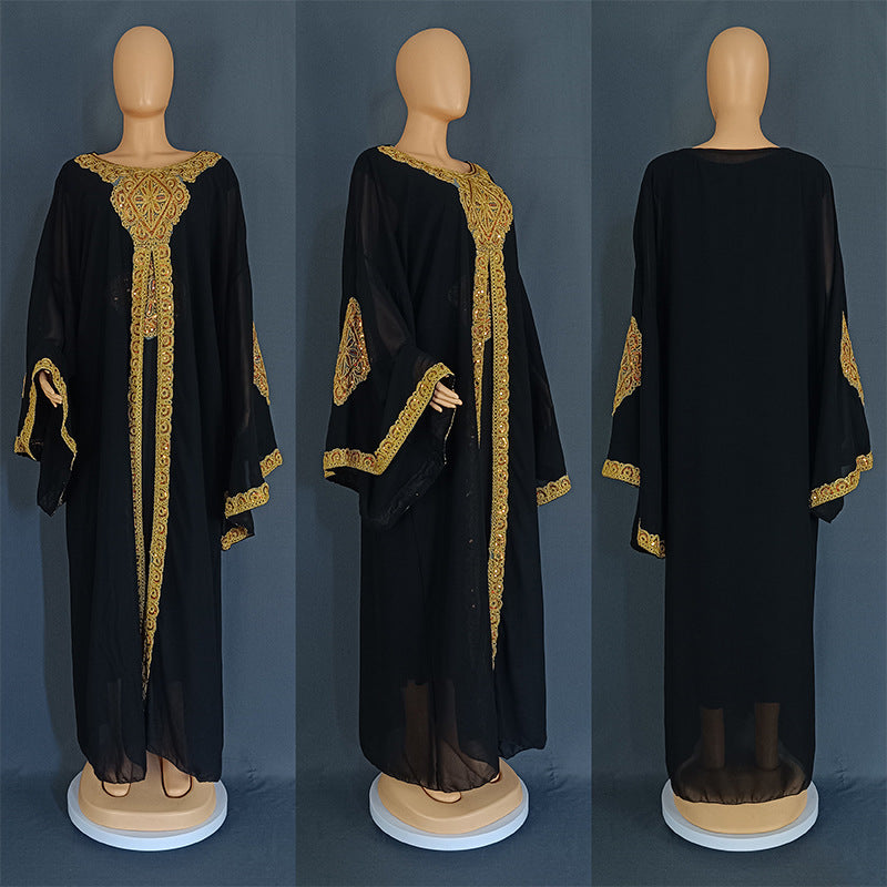 Bell Sleeve Embroidered Gold Lace Arabian Gulf Dress