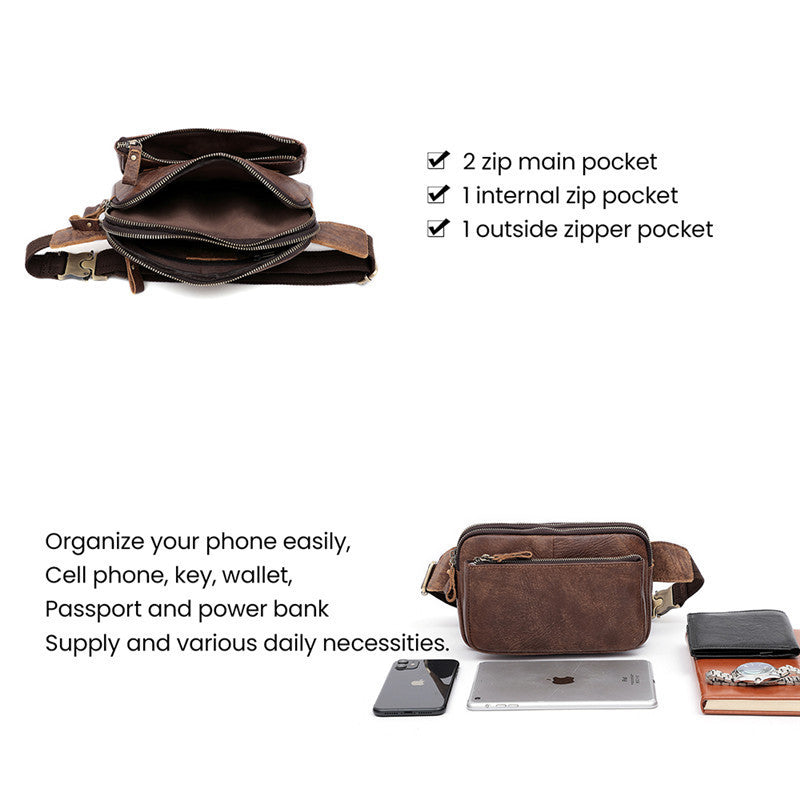 Sac banane homme en cuir 22x15x3cm Sacoche ceinture décontractée fonctionnelle Pochette de poitrine Marron