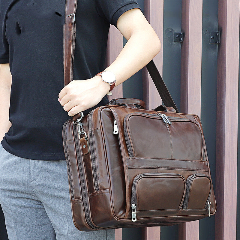 Men's Trendy Light Brown Wax Leather Shoulder Bag 43cm Large Waterproof