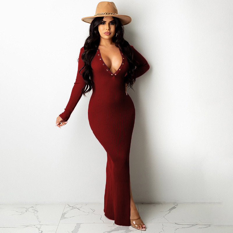 Backless Lapel Dress with Long Sleeves and Slit Midi Skirt