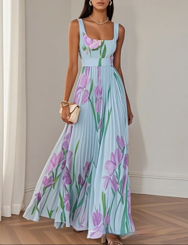 Robe sans manches plissée imprimée taille haute