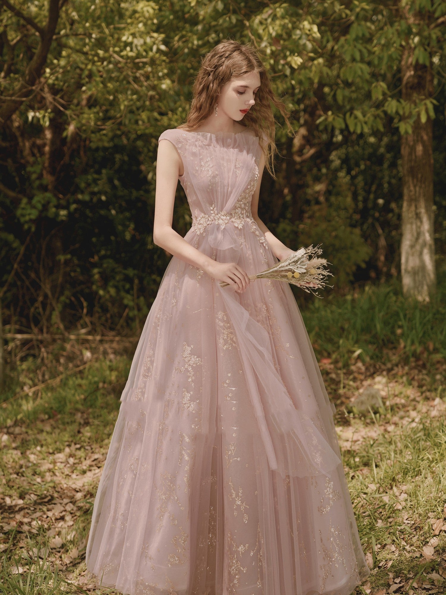 Women's Petal Pink Mid Waist Bride Toasting Dinner Dress, Short Sleeve, Long Length, Sizes XS-L