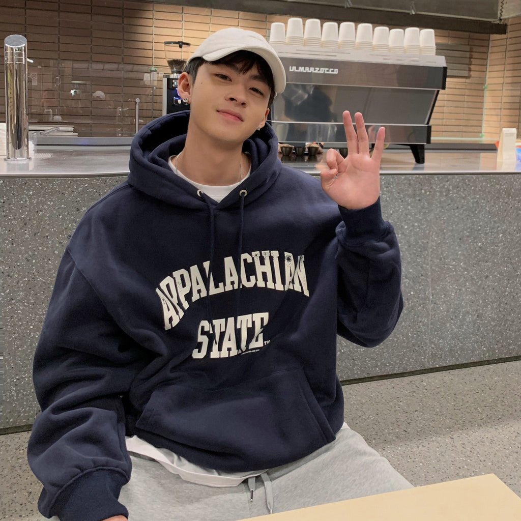 Men's Fashion Cotton Print Hooded Sweatshirt in Navy Blue & Khaki Gray