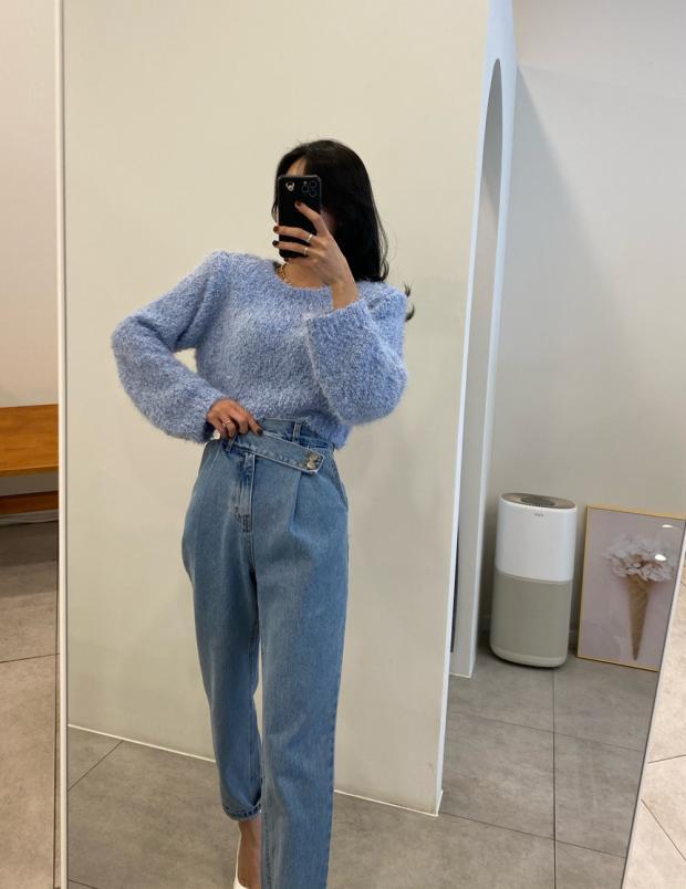 Jean décontracté taille haute bleu ample avec boucle irrégulière
