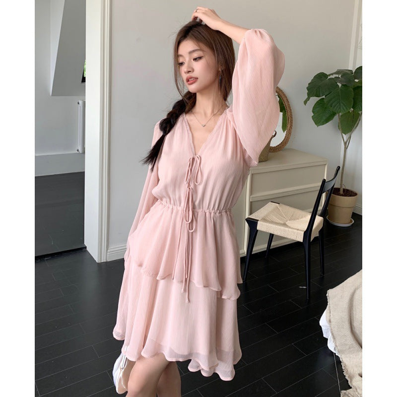 Women's Pink V-Neck Lace-Up Chiffon Lantern Sleeve Dress