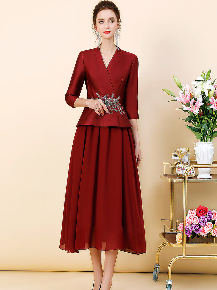 Middle Eastern Elegant Wine Red 2-Piece Suit Set