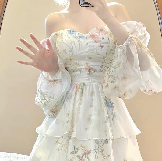 Puffy Waist-tight French Style Long Sleeve Floral Dress Women