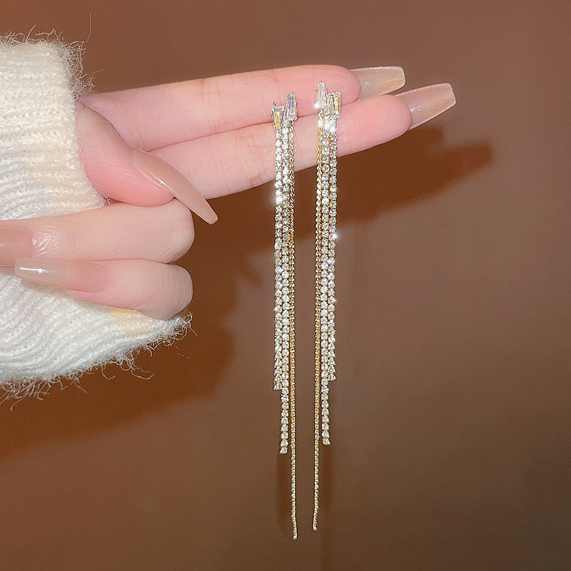 Silver Needle Exquisite Full Diamond Long Fringe Earrings