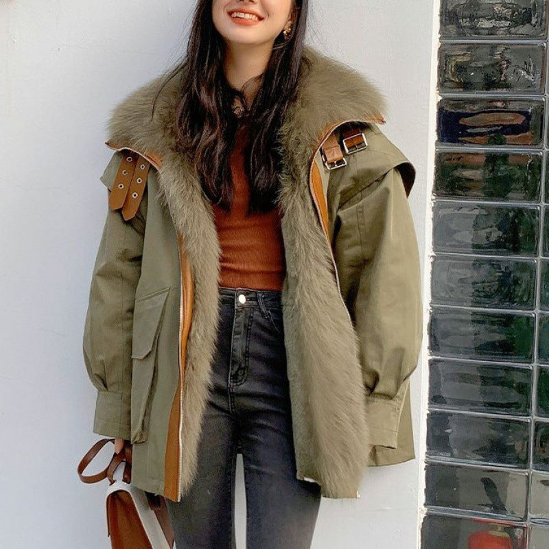معطف نسائي أخضر جيشي بياقة فرو الثعلب الصناعي قابل للفصل