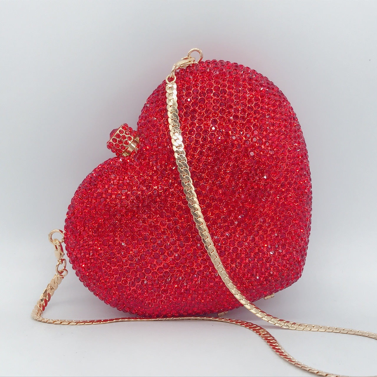 Sac de Soirée Diamant Cœur avec Anse à Main, Sac à Bandoulière Rigide en Métal 14x12x5", Rouge Noir Rose Or Argent