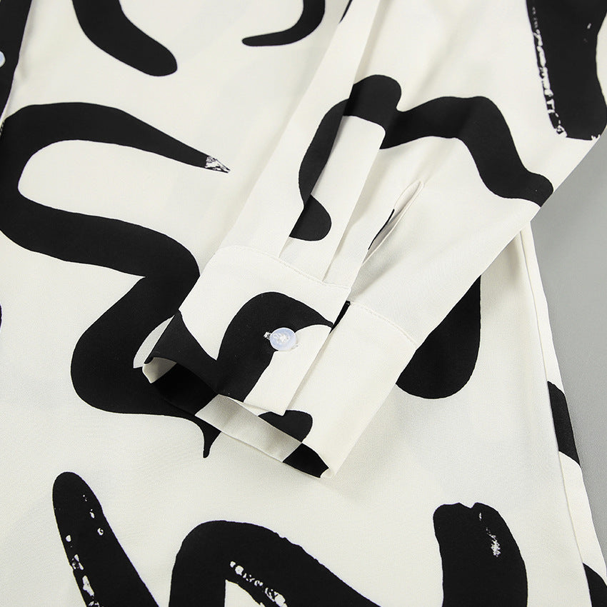 Black And White Printed Long-sleeved Shirt High Waist Wide-leg Pants Two-piece Set