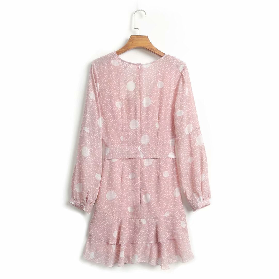 V-neck long sleeve waist tie polka dot print