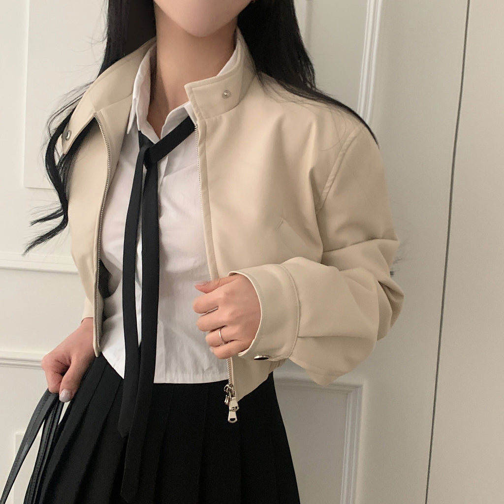 Blouson de moto en cuir pour femme, style rétro français, noir, col montant zippé, taille élastique, taille unique